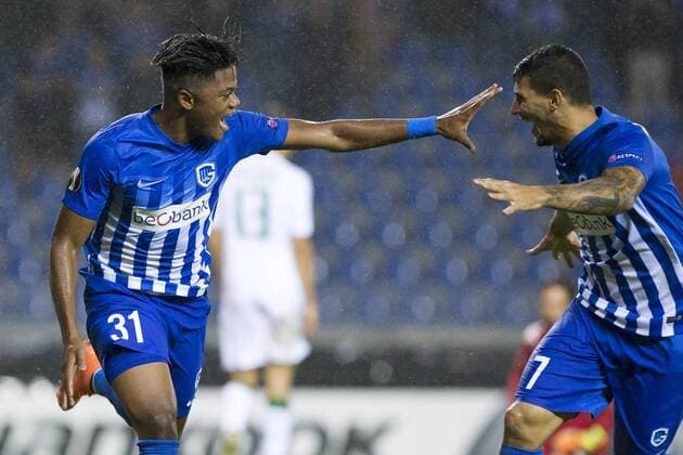 Genk s Leon Bailey and Genk s Nikolaos Karelis celebrate after scoring during a game on the second day of the group stage (group F) of the Europa League competition between Belgian soccer team KRC Genk and Italian club US Sassuolo Calcio in Genk, Thursday 29 September 2016. KRISTOFxVANxACCOM  x04943948x