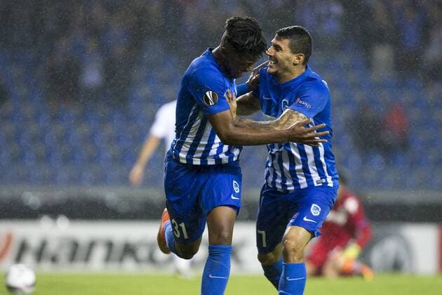 Genk s Leon Bailey and Genk s Nikolaos Karelis celebrate after scoring during a game on the second day of the group stage (group F) of the Europa League competition between Belgian soccer team KRC Genk and Italian club US Sassuolo Calcio in Genk, Thursday 29 September 2016. KRISTOFxVANxACCOM  x04943953x