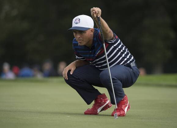 USA Team member Rickie Fowler lines up a putt on the 11th hole during a practice round prior to the 2016 Ryder Cup at Hazeltine National Golf Club in Chaska, Minnesota on September 29, 2016.  MIN20160929312 KEVINxDIETSCH