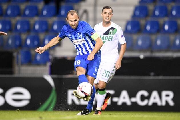 Genk s Thomas Buffel scoring the 3-0 goal during a game on the second day of the group stage (group F) of the Europa League competition between Belgian soccer team KRC Genk and Italian club US Sassuolo Calcio in Genk, Thursday 29 September 2016. YORICKxJANSENS  x04943986x