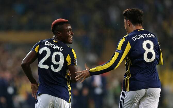 Fenerbahce™s Emmanuel Emenike celebrates his goal with teammate Ozan Tufan during UEFA Europa League game between Fenerbahce and Feyenoord at Ulker Stadium in Kadikoy, Istanbul, 29th of September 2016. (  Copyright: TolgaxAdanalix-xDepoxPhotos 15521125