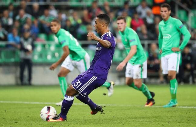Anderlecht s Youri Tielemans scores from penalty during a game on the second day of the group stage (group C) of the UEFA Europa League competition between French club AS Saint-Etienne and Belgian soccer team RSC Anderlecht in Saint-Etienne, France, Thursday 29 September 2016. VIRGINIExLEFOUR  x04944003x