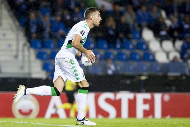 Sassuolo s Antonino Ragusa pictured after scoring during a game on the second day of the group stage (group F) of the Europa League competition between Belgian soccer team KRC Genk and Italian club US Sassuolo Calcio in Genk, Thursday 29 September 2016. KRISTOFxVANxACCOM  x04944034x