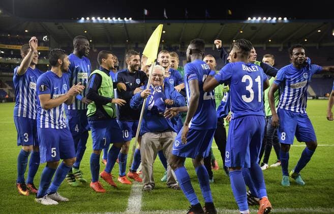 Genk s players celebrate after winning a game on the second day of the group stage (group F) of the Europa League competition between Belgian soccer team KRC Genk and Italian club US Sassuolo Calcio in Genk, Thursday 29 September 2016. YORICKxJANSENS  x04944060x