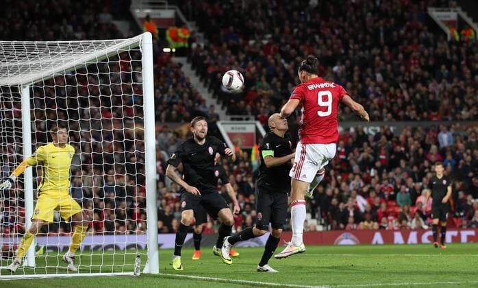 Football - 2016 2017 UEFA Europa League Manchester United ManU v FC Zorya Luhansk at Old Trafford Zlatan Ibrahimovic of Manchester United scoring during the match at Old Trafford. COLORSPORT LYNNE CAMERON 
