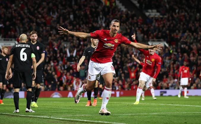 Football - 2016 2017 UEFA Europa League Manchester United ManU v FC Zorya Luhansk at Old Trafford Zlatan Ibrahimovic of Manchester United celebrates scoring during the match at Old Trafford. COLORSPORT LYNNE CAMERON 