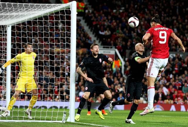 Zlatan Ibrahimovic of Manchester United ManU scores his sides first goal during the UEFA Europa League match at Old Trafford Stadium, Manchester. Picture date: September 29th, 2016. Pic Matt McNulty Sportimage EDITORIAL USE ONLY. No use with unauthorised audio, video, data, fixture lists, club league logos or live services. Online in-match use limited to 120 images, no video emulation. No use in betting, games or single club league player publications.