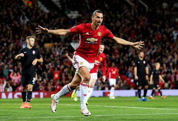 Zlatan Ibrahimovic of Manchester United ManU celebrates after scoring his sides first goal during the UEFA Europa League match at Old Trafford Stadium, Manchester. Picture date: September 29th, 2016. Pic Matt McNulty Sportimage EDITORIAL USE ONLY. No use with unauthorised audio, video, data, fixture lists, club league logos or live services. Online in-match use limited to 120 images, no video emulation. No use in betting, games or single club league player publications.