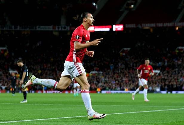 Zlatan Ibrahimovic of Manchester United ManU celebrates after scoring his sides first goal during the UEFA Europa League match at Old Trafford Stadium, Manchester. Picture date: September 29th, 2016. Pic Matt McNulty Sportimage EDITORIAL USE ONLY. No use with unauthorised audio, video, data, fixture lists, club league logos or live services. Online in-match use limited to 120 images, no video emulation. No use in betting, games or single club league player publications.