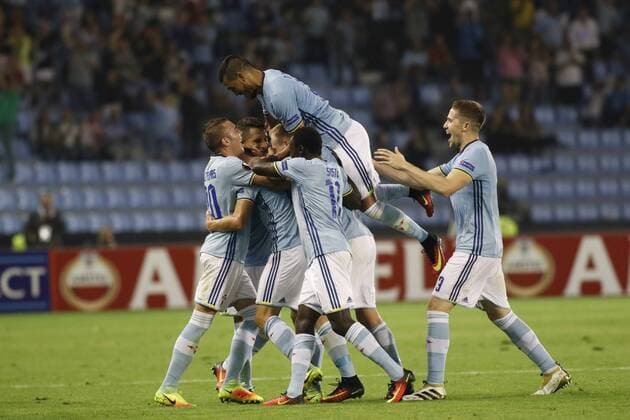 Fußball, EL, Celta de Vigo - Panathinaikos Athen Wass. Europa League match between Celta Vigo and Panathinaikos Athen. In this picture, Wass celebrates his goal. xJORGExLANDINx 
