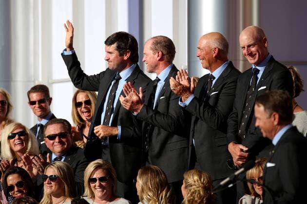GOLF - Ryder Cup 2016 CHASKA,MINNESOTA,USA,29.SEP.16 - GOLF - Ryder Cup, Hazeltine National Golf Club, opening ceremony. Image shows vice-captain Bubba Watson, vice-captain Steve Stricker, vice-captain Tom Lehman and vice-captain Jim Furyk (USA). GEPAxpictures xDanielxGoetzhaber
