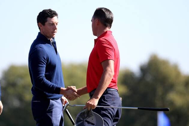 GOLF - Ryder Cup 2016 CHASKA,MINNESOTA,USA,30.SEP.16 - GOLF - Ryder Cup, Hazeltine National Golf Club. Image shows Rory Mcilroy (IRL) and Rickie Fowler (USA). GEPAxpictures xDanielxGoetzhaber