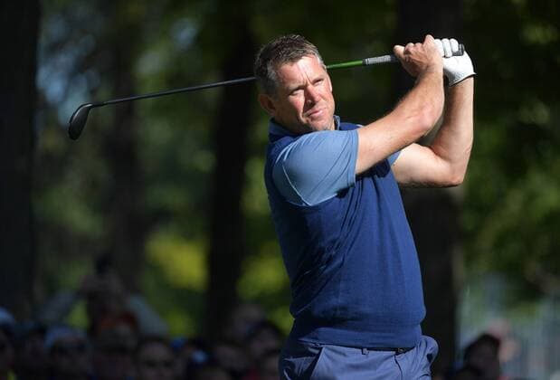 European team member Lee Westwood hits off of the 13th tee during day 1 of the 2016 Ryder Cup at Hazeltine National Golf Club in Chaska, Minnesota on September 30, 2016.  MIN20160930311 KEVINxDIETSCH