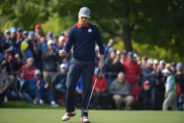 USA team member Zach Johnson reacts after making a putt on the 12th green during day 1 of the 2016 Ryder Cup at Hazeltine National Golf Club in Chaska, Minnesota on September 30, 2016.  MIN20160930315 KEVINxDIETSCH