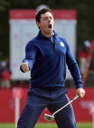 European team member Rory McIlroy reacts after making a putt on the 13th green during day 1 of the 2016 Ryder Cup at Hazeltine National Golf Club in Chaska, Minnesota on September 30, 2016.  MIN20160930318 KEVINxDIETSCH