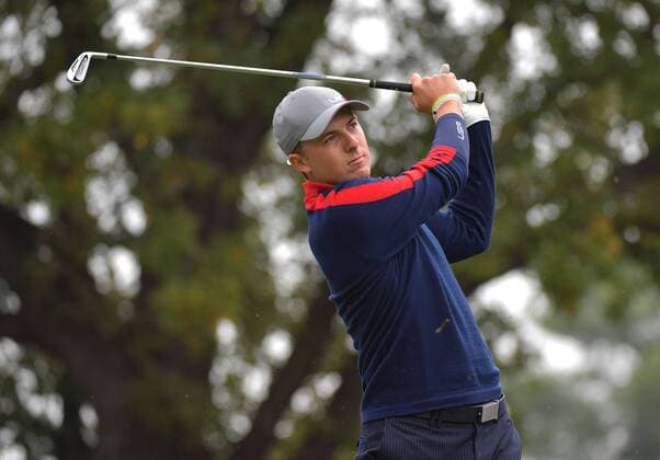 USA team member Jordan Spieth watches his hit off of the 8th tee during day 1 of the 2016 Ryder Cup at Hazeltine National Golf Club in Chaska, Minnesota on September 30, 2016.  MIN20160930352 KEVINxDIETSCH