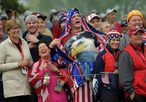 A USA team fan cheers during day 1 of the 2016 Ryder Cup at Hazeltine National Golf Club in Chaska, Minnesota on September 30, 2016.  MIN20160930350 KEVINxDIETSCH