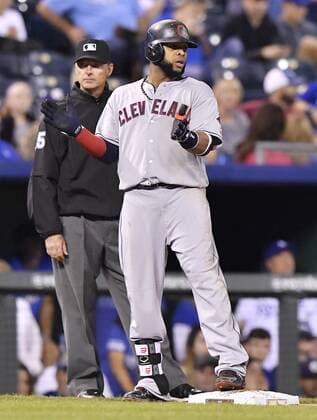 September 30, 2016 - Kansas City, MO, USA - The Cleveland Indians Carlos Santana celebrates his two-run triple in the third inning against the Kansas City Royals on Friday, Sept. 30, 2016, at Kauffman Stadium in Kansas City, Mo. Cleveland at Kansas City - ZUMAm67_