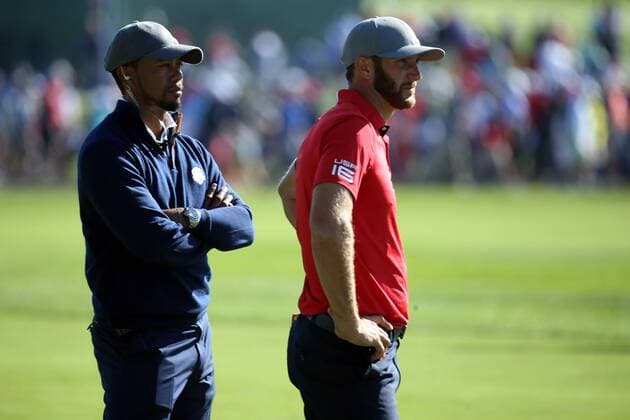 GOLF - Ryder Cup 2016 CHASKA,MINNESOTA,USA,30.SEP.16 - GOLF - Ryder Cup, Hazeltine National Golf Club. Image shows vice-captain Tiger Woods and Dustin Johnson (USA). GEPAxpictures xDanielxGoetzhaber