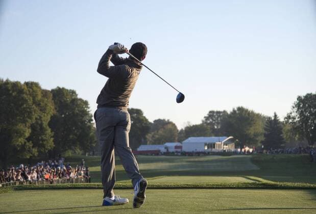 European team member Rory McIlroy hits hits off of the 2nd tee box on day 2 of the 2016 Ryder Cup at Hazeltine National Golf Club in Chaska, Minnesota on October 1 2016.  MIN20161001303 KEVINxDIETSCH