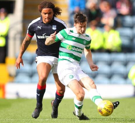 01.10.2016. Dens Park, Dundee, Scotland. Scottish Premier League Football. Dundee versus Celtic. Kieran Tierney apasses away from Yordi Teijsse xVagelisxGeorgarioux  ActionPlus11795042