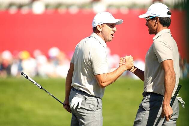 GOLF - Ryder Cup 2016 CHASKA,MINNESOTA,USA,01.OKT.16 - GOLF - Ryder Cup, Hazeltine National Golf Club. Image shows Sergio Garcia and Rafa Cabrera Bello (ESP). GEPAxpictures xDanielxGoetzhaber