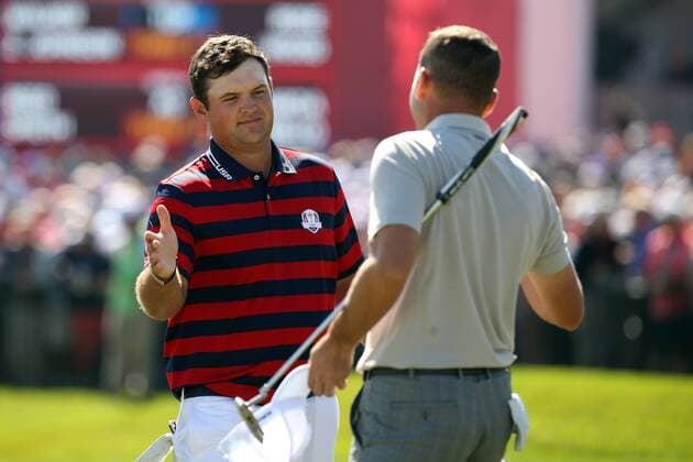 GOLF - Ryder Cup 2016 CHASKA,MINNESOTA,USA,01.OKT.16 - GOLF - Ryder Cup, Hazeltine National Golf Club. Image shows Patrick Reed (USA) and Sergio Garcia (ESP). GEPAxpictures xDanielxGoetzhaber