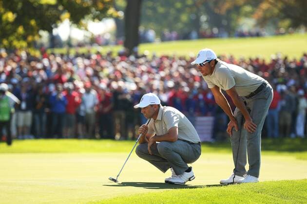 GOLF - Ryder Cup 2016 CHASKA,MINNESOTA,USA,01.OKT.16 - GOLF - Ryder Cup, Hazeltine National Golf Club. Image shows Sergio Garcia and Rafa Cabrera Bello (ESP). GEPAxpictures xDanielxGoetzhaber