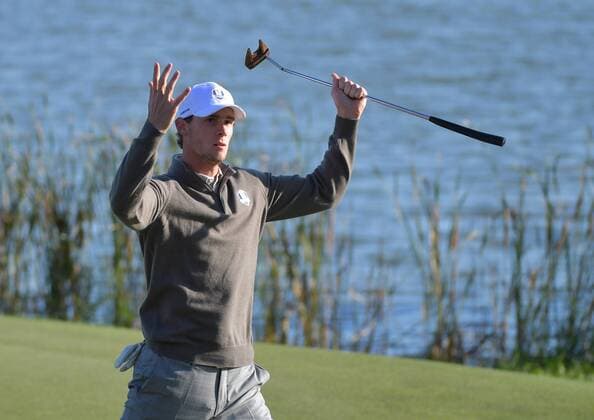 European team member Thomas Pieters reacts after making a putt to win the 7th green on day 2 of the 2016 Ryder Cup at Hazeltine National Golf Club in Chaska, Minnesota on October 1, 2016.  MIN20161001330 KEVINxDIETSCH