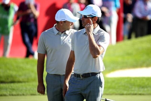 GOLF - Ryder Cup 2016 CHASKA,MINNESOTA,USA,01.OKT.16 - GOLF - Ryder Cup, Hazeltine National Golf Club. Image shows Sergio Garcia and Rafa Cabrera Bello (ESP). GEPAxpictures xDanielxGoetzhaber