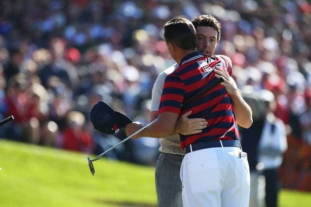 GOLF - Ryder Cup 2016 CHASKA,MINNESOTA,USA,01.OKT.16 - GOLF - Ryder Cup, Hazeltine National Golf Club. Image shows Rory McIlroy (IRL) and Rickie Fowler (USA). GEPAxpictures xDanielxGoetzhaber