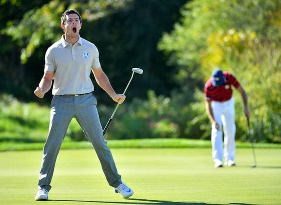 October 1, 2016 - Chaska, MN, USA - Europe s Rory McIlroy celebrates after his birdie on the 10th hole during the afternoon four-ball matches against the United States in the Ryder Cup on Saturday, Oct. 1, 2016, at Hazeltine National Golf Club in Chaska, Minn. Ryder Cup - ZUMAm67_