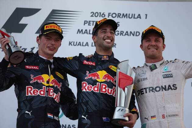 Malaysian Grand Prix, Sepang 29 September - 2 October 2016 02.10.2016 - Race, 2nd position Max Verstappen (NED) Red Bull Racing RB12, Daniel Ricciardo (AUS) Red Bull Racing RB12 race winner and 3rd position Nico Rosberg (GER) Mercedes AMG F1 W07 Hybrid 
