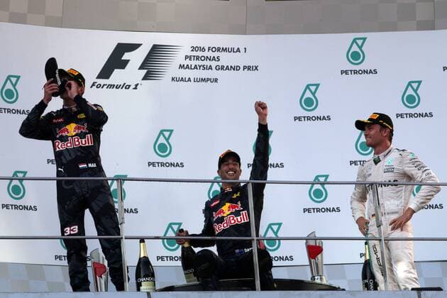 Malaysian Grand Prix, Sepang 29 September - 2 October 2016 02.10.2016 - Race, 2nd position Max Verstappen (NED) Red Bull Racing RB12, Daniel Ricciardo (AUS) Red Bull Racing RB12 race winner and 3rd position Nico Rosberg (GER) Mercedes AMG F1 W07 Hybrid 