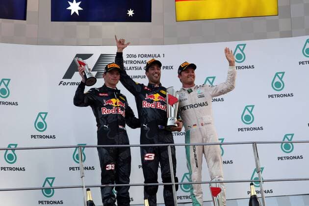 Malaysian Grand Prix, Sepang 29 September - 2 October 2016 02.10.2016 - Race, 2nd position Max Verstappen (NED) Red Bull Racing RB12, Daniel Ricciardo (AUS) Red Bull Racing RB12 race winner and 3rd position Nico Rosberg (GER) Mercedes AMG F1 W07 Hybrid 