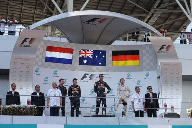 Malaysian Grand Prix, Sepang 29 September - 2 October 2016 02.10.2016 - Race, 2nd position Max Verstappen (NED) Red Bull Racing RB12, Daniel Ricciardo (AUS) Red Bull Racing RB12 race winner and 3rd position Nico Rosberg (GER) Mercedes AMG F1 W07 Hybrid 