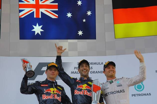 Malaysian Grand Prix, Sepang 29 September - 2 October 2016 02.10.2016 - Race, 2nd position Max Verstappen (NED) Red Bull Racing RB12, Daniel Ricciardo (AUS) Red Bull Racing RB12 race winner and 3rd position Nico Rosberg (GER) Mercedes AMG F1 W07 Hybrid 