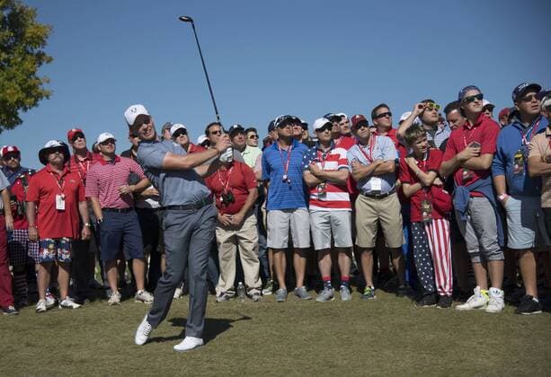European team member Danny Willett hits from the gallery on the 3rd hole during day 3 of the 2016 Ryder Cup at Hazeltine National Golf Club in Chaska, Minnesota on October 2, 2016.  MIN20161002304 KEVINxDIETSCH