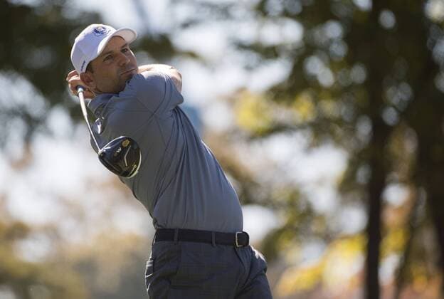 European team member Sergia Garcia watches his drive off of the 6th tee during day 3 of the 2016 Ryder Cup at Hazeltine National Golf Club in Chaska, Minnesota on October 2, 2016.  MIN20161002311 KEVINxDIETSCH