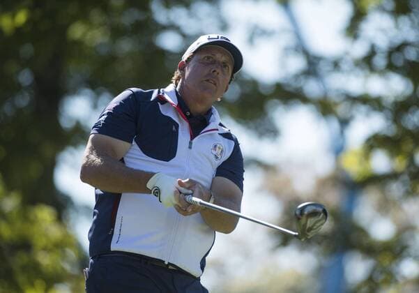 USA team member Phil Mickelson watches his hit on the 6th tee during day 3 of the 2016 Ryder Cup at Hazeltine National Golf Club in Chaska, Minnesota on October 2, 2016.  MIN20161002312 KEVINxDIETSCH