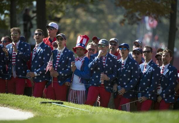 Golf fans watch play on the 5th green during day 3 of the 2016 Ryder Cup at Hazeltine National Golf Club in Chaska, Minnesota on October 2, 2016.  MIN20161002314 KEVINxDIETSCH