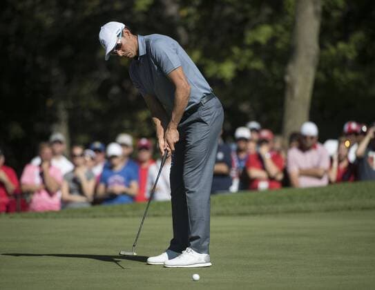 European team member Rafa Cabrera Bello putts on the 5th hole during day 3 of the 2016 Ryder Cup at Hazeltine National Golf Club in Chaska, Minnesota on October 2, 2016.  MIN20161002315 KEVINxDIETSCH