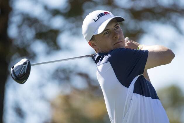 USA team member Jordan Spieth hits off of the 6th tee during day 3 of the 2016 Ryder Cup at Hazeltine National Golf Club in Chaska, Minnesota on October 2, 2016.  MIN20161002323 KEVINxDIETSCH