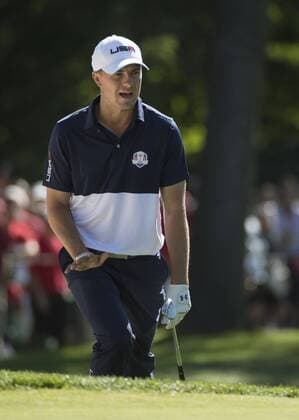 USA team member Jordan Spieth reacts to a chip on the 5th hole during day 3 of the 2016 Ryder Cup at Hazeltine National Golf Club in Chaska, Minnesota on October 2, 2016.  MIN20161002326 KEVINxDIETSCH