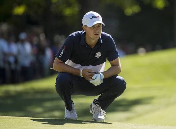 USA team member Jordan Spieth lines up a putt on the 5th hole during day 3 of the 2016 Ryder Cup at Hazeltine National Golf Club in Chaska, Minnesota on October 2, 2016.  MIN20161002328 KEVINxDIETSCH