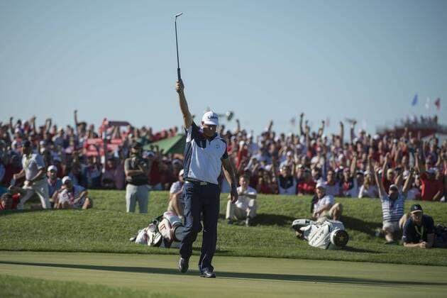 USA team Phil Mickelson reacts after making a putt on the 17th hole during the final round of the 2016 Ryder Cup at Hazeltine National Golf Club in Chaska, Minnesota on October 2, 2016. USA defeated Europe 17-11 winning the Ryder Cup for the first time since 2008.  MIN20161002373 KEVINxDIETSCH