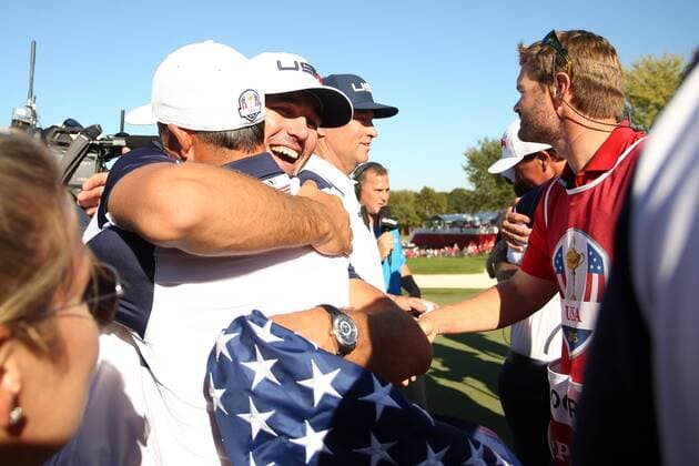 Golf, Ryder Cup 2016 in Chaska GOLF - Ryder Cup 2016 CHASKA,MINNESOTA,USA,02.OKT.16 - GOLF - Ryder Cup, Hazeltine National Golf Club. Image shows the rejoicing of Brooks Koepka (USA). GEPAxpictures xDanielxGoetzhaber