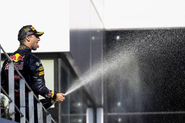 02 October 2016: Daniel Ricciardo of Red Bull Racing celebrate on the podium after winning the race of the Formula 1 Petronas Malaysia Grand Prix held at Sepang International Circuit in Sepang, Malaysia.(Photo by Hazrin Yeob Men Shah Icon Sportswire) AUTO: OCT 02 Formula 1 - Malaysia Grand Prix Icon3781610028077 EDITORIAL USE ONLY