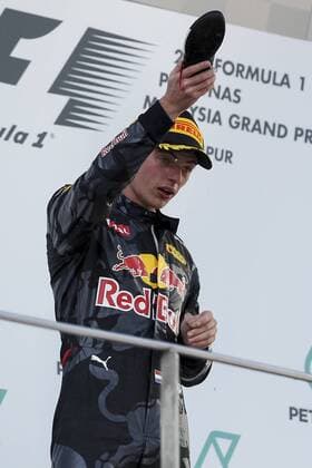 02 October 2016: Max Verstappen of Red Bull Racing celebrate on the podium after finish second in the race of the Formula 1 Petronas Malaysia Grand Prix held at Sepang International Circuit in Sepang, Malaysia.(Photo by Hazrin Yeob Men Shah Icon Sportswire) AUTO: OCT 02 Formula 1 - Malaysia Grand Prix Icon3781610028082 EDITORIAL USE ONLY