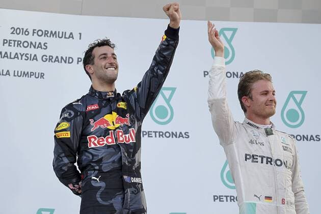 02 October 2016: Daniel Ricciardo of Red Bull Racing celebrate on the podium after winning the race of the Formula 1 Petronas Malaysia Grand Prix held at Sepang International Circuit in Sepang, Malaysia.(Photo by Hazrin Yeob Men Shah Icon Sportswire) AUTO: OCT 02 Formula 1 - Malaysia Grand Prix Icon3781610028090 EDITORIAL USE ONLY